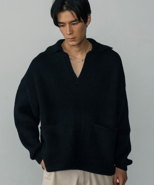 LURAKU（ルラク）の「【LURAKU】Fleece Open Collar Polo Knit / フリースオープンカラーポロニット（ニット/セーター・メンズ・ブラック/カーキ・MEDIUM/LARGE）」の6枚目の写真