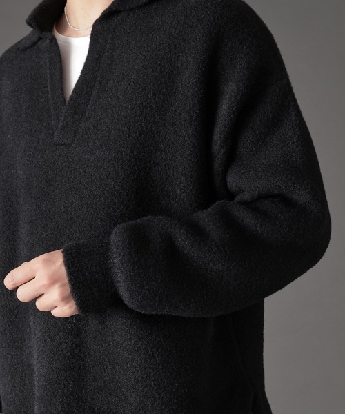 セール】【LURAKU】Fleece Open Collar Polo Knit / フリースオープン