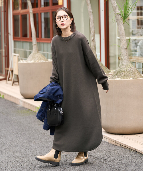 限定展開 片畔 コットン クルーネック ニット ワンピ（ワンピース