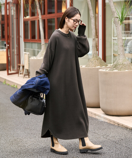 限定展開 片畔 コットン クルーネック ニット ワンピ（ワンピース