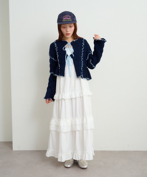 w closet（ダブルクローゼット）の「配色メロウケーブルリボンカーディガン（カーディガン/ボレロ・レディース・アイボリー/サックスブルー/グレー/グリーン/ネイビー/ブラウン・FREE）」の18枚目の写真