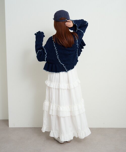 w closet（ダブルクローゼット）の「配色メロウケーブルリボンカーディガン（カーディガン/ボレロ・レディース・アイボリー/サックスブルー/グレー/グリーン/ネイビー/ブラウン・FREE）」の20枚目の写真