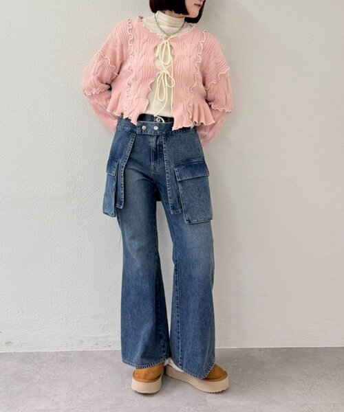 w closet（ダブルクローゼット）の「配色メロウケーブルリボンカーディガン（カーディガン/ボレロ・レディース・アイボリー/サックスブルー/グレー/グリーン/ネイビー/ブラウン・FREE）」の12枚目の写真