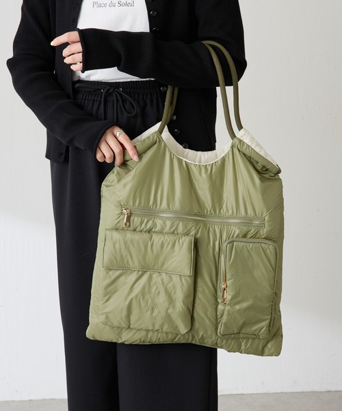 PAPILLONNER（パピヨネ）の「軽量/リバーシブルパフィートート（ショルダーバッグ・レディース・カーキ/チャコールグレー・FREE）」の8枚目の写真