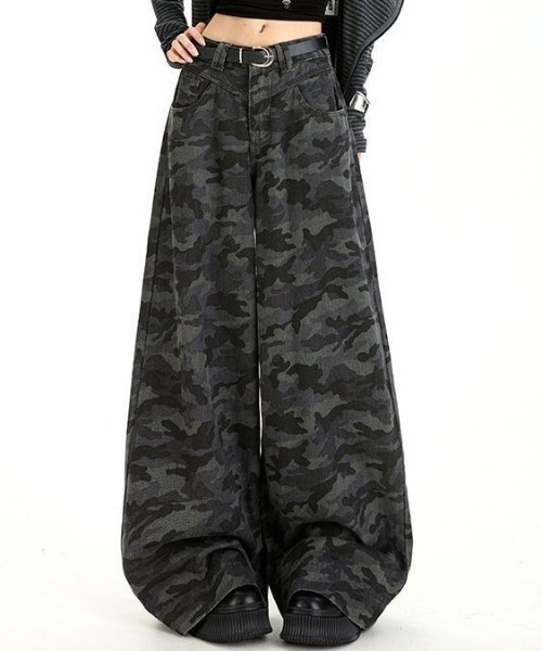 ★超〜ボリューム 迷彩×グレー×ブラックMIX リメイクデニム ５段ティアード★ セール】迷彩柄ワイドデニムパンツ／ロークールストリートY2K（デニム