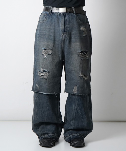 ILL'S（イルズ）の「【ZOZO限定】 レイヤード ダメージ デニムパンツ メンズ レディース ユニセックス（デニムパンツ・メンズ・ブルー・M/L）」の2枚目の写真