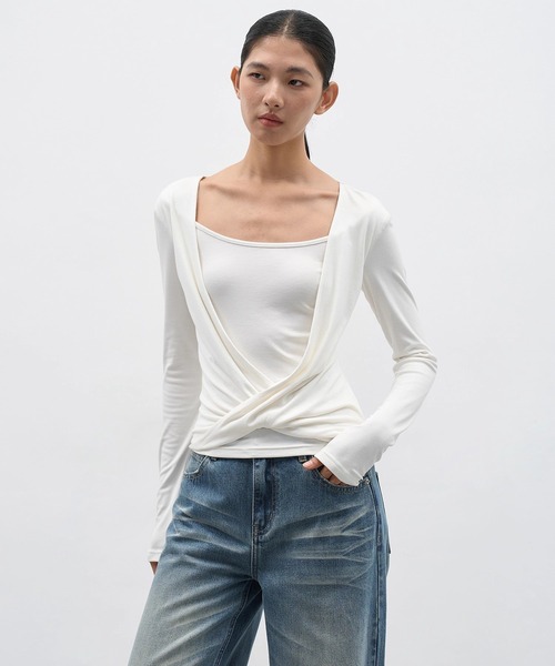 EIGHTHMONTH(エイスマンス)の「ドレープレイヤードトップス EM25a139【EIGHTHMONTH】(Tシャツ/カットソー・レディース・ホワイト/グレー・S/M)」の2枚目の写真