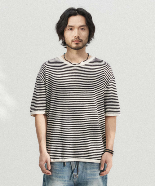 WMC(ダブリューエムシー)の「ストライプ半袖ニット_BLACK(ニット/セーター・メンズ・ブラック・SMALL/MEDIUM)」の7枚目の写真