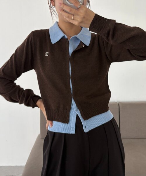CAPRICIEUX LE'MAGE（カプリシューレマージュ）の「レイヤードポロニットカーディガン（カーディガン/ボレロ・レディース・ベージュ/チャコールグレー/ブラウン・FREE）」の2枚目の写真