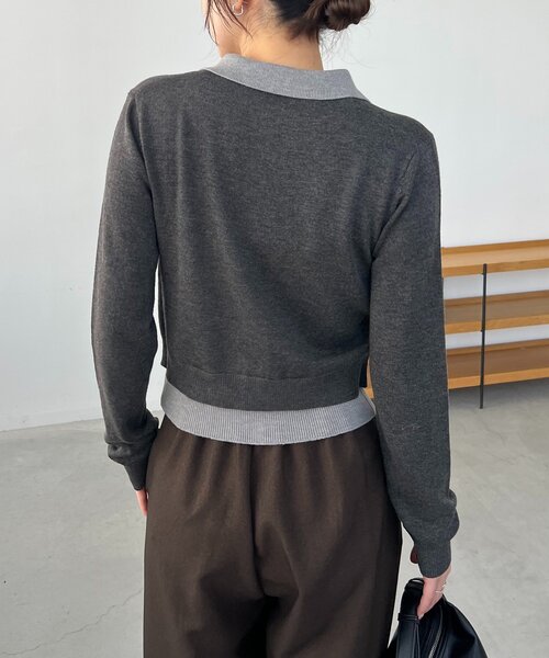 CAPRICIEUX LE'MAGE（カプリシューレマージュ）の「レイヤードポロニットカーディガン（カーディガン/ボレロ・レディース・ベージュ/チャコールグレー/ブラウン・FREE）」の6枚目の写真