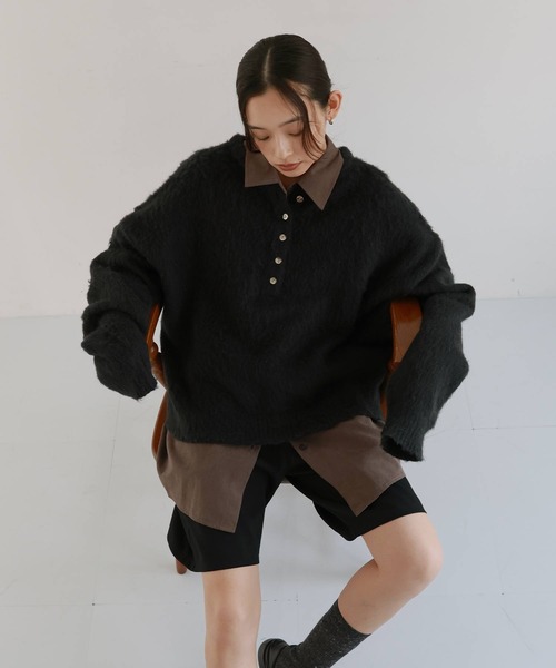 hellam(へラム)の「ヘンリーネックシャギーニット(ニット/セーター・レディース・ブラック/アイボリー/ピンク/グレー・FREE)」の1枚目の写真