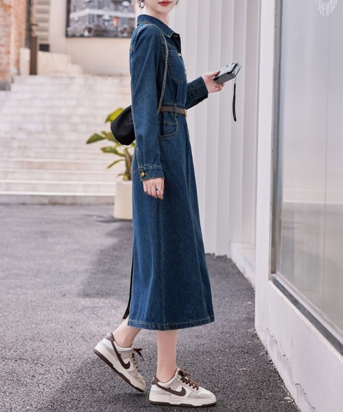 &soiree(アンドソワレ)の「ベルト付きタイトデニムワンピース(ワンピース・レディース・インディゴブルー・X-LARGE/LARGE/MEDIUM/SMALL)」の4枚目の写真
