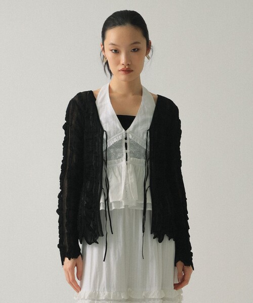 Ray BEAMS（レイビームス）の「メッシュ ストライプ カーディガン（カーディガン/ボレロ・レディース・ブラック/レッド・ONE SIZE）」の2枚目の写真