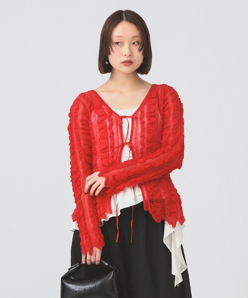 Ray BEAMS（レイビームス）の「メッシュ ストライプ カーディガン（カーディガン/ボレロ・レディース・ブラック/レッド・ONE SIZE）」の10枚目の写真