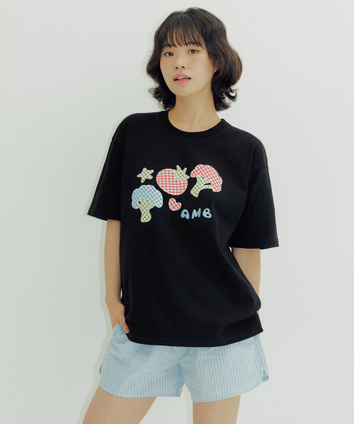 ambler(エムブラー)の「トマトブロッコリーデュオパッチチェックパッチ半袖TシャツAS1224(ブラック)(Tシャツ/カットソー・レディース・その他・S/M/FREE)」の2枚目の写真