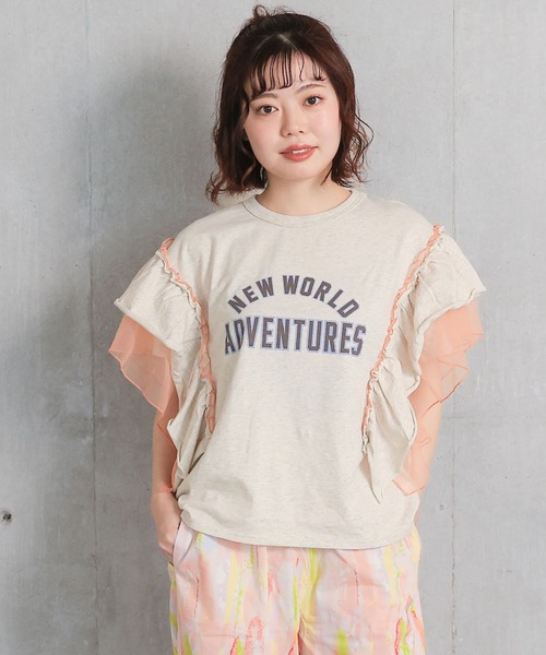 MARKEY'S（マーキーズ）の「チュールフリルカレッジTシャツ/おとな（Tシャツ/カットソー・レディース・チャコール/ライトピンク/モスグリーン/ホワイト系その他・160cm）」の2枚目の写真