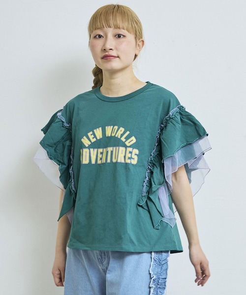 MARKEY'S（マーキーズ）の「チュールフリルカレッジTシャツ/おとな（Tシャツ/カットソー・レディース・チャコール/ライトピンク/モスグリーン/ホワイト系その他・160cm）」の4枚目の写真
