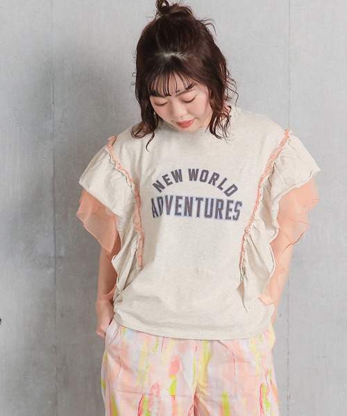 MARKEY'S（マーキーズ）の「チュールフリルカレッジTシャツ/おとな（Tシャツ/カットソー・レディース・チャコール/ライトピンク/モスグリーン/ホワイト系その他・160cm）」の6枚目の写真