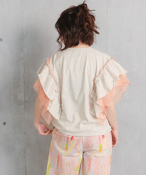 MARKEY'S（マーキーズ）の「チュールフリルカレッジTシャツ/おとな（Tシャツ/カットソー・レディース・チャコール/ライトピンク/モスグリーン/ホワイト系その他・160cm）」の8枚目の写真