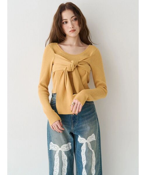 EVRIS（エヴリス）の「リボンデザインニットトップス（ニット/セーター・レディース・ブラック/グレー/イエロー・FREE）」の7枚目の写真