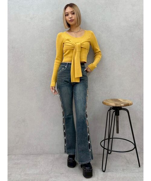 EVRIS（エヴリス）の「リボンデザインニットトップス（ニット/セーター・レディース・ブラック/グレー/イエロー・FREE）」の18枚目の写真