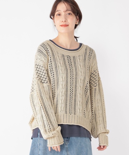 studio CLIP（スタディオクリップ）の「5ゲージダブルフロント透かしケーブルプルオーバー（ニット/セーター・レディース・オフホワイト/ライトベージュ/チャコール・FREE）」の3枚目の写真