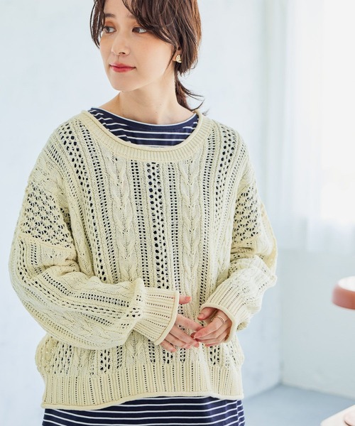 studio CLIP（スタディオクリップ）の「5ゲージダブルフロント透かしケーブルプルオーバー（ニット/セーター・レディース・オフホワイト/ライトベージュ/チャコール・FREE）」の7枚目の写真
