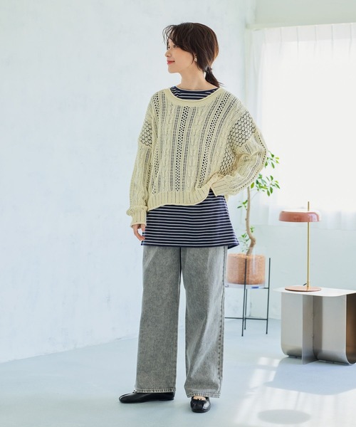 studio CLIP（スタディオクリップ）の「5ゲージダブルフロント透かしケーブルプルオーバー（ニット/セーター・レディース・オフホワイト/ライトベージュ/チャコール・FREE）」の13枚目の写真