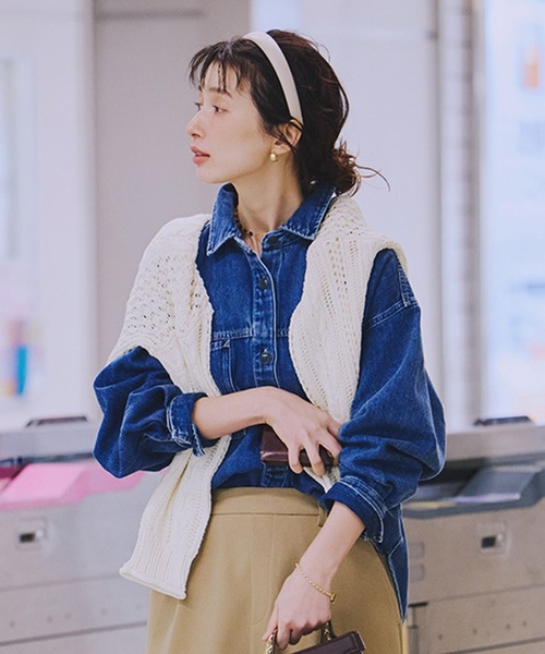 studio CLIP（スタディオクリップ）の「5ゲージダブルフロント透かしケーブルプルオーバー（ニット/セーター・レディース・オフホワイト/ライトベージュ/チャコール・FREE）」の14枚目の写真