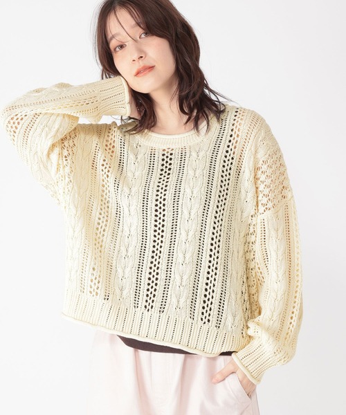 studio CLIP（スタディオクリップ）の「5ゲージダブルフロント透かしケーブルプルオーバー（ニット/セーター・レディース・オフホワイト/ライトベージュ/チャコール・FREE）」の18枚目の写真