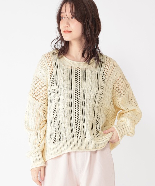 studio CLIP（スタディオクリップ）の「5ゲージダブルフロント透かしケーブルプルオーバー（ニット/セーター・レディース・オフホワイト/ライトベージュ/チャコール・FREE）」の19枚目の写真