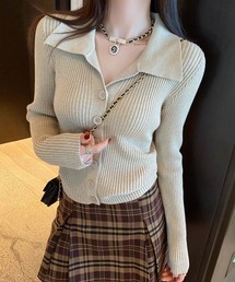 秋冬 ポロ襟付き リブニットカーディガン