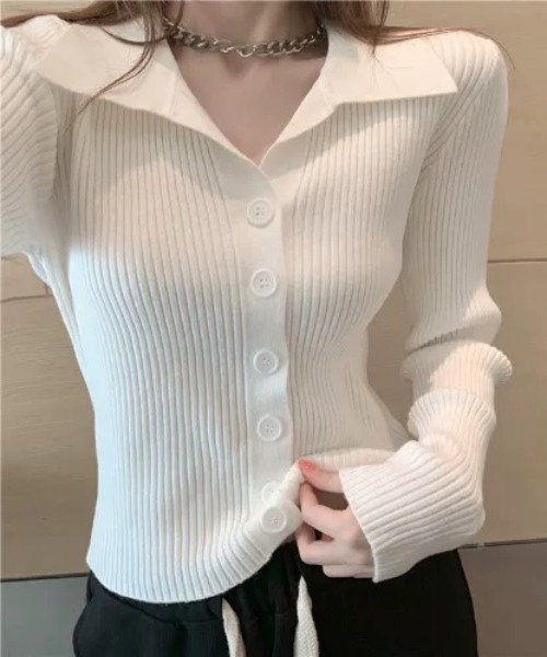 Beststore(ベストストア)の「秋冬 ポロ襟付き リブニットカーディガン(ニット/セーター・レディース・ブラック/ライトベージュ/グレー/ベージュ/ホワイト/レッド/ダークグレー・FREE)」の1枚目の写真