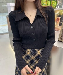 秋冬 ポロ襟付き リブニットカーディガン