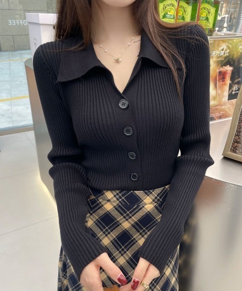 Beststore(ベストストア)の「秋冬 ポロ襟付き リブニットカーディガン(ニット/セーター・レディース・ブラック/ライトベージュ/グレー/ベージュ/ホワイト/レッド/ダークグレー・FREE)」の2枚目の写真