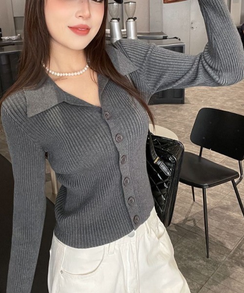 Beststore(ベストストア)の「秋冬 ポロ襟付き リブニットカーディガン(ニット/セーター・レディース・ブラック/ライトベージュ/グレー/ベージュ/ホワイト/レッド/ダークグレー・FREE)」の10枚目の写真