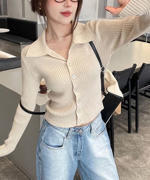 Beststore(ベストストア)の「秋冬 ポロ襟付き リブニットカーディガン(ニット/セーター・レディース・ブラック/ライトベージュ/グレー/ベージュ/ホワイト/レッド/ダークグレー・FREE)」の19枚目の写真