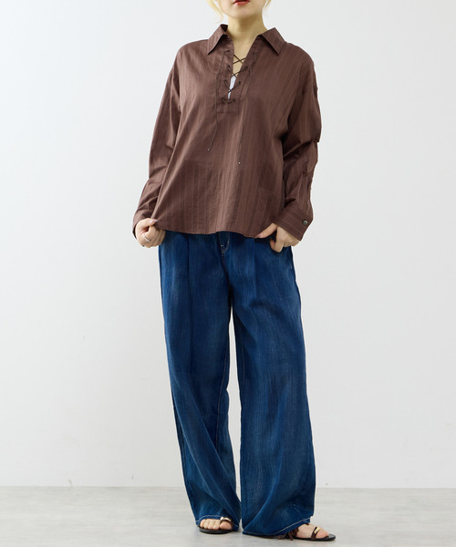 SOFFITTO（ソフィット）の「オーガニックコットンレースアップストライプブラウス（シャツ/ブラウス・レディース・ホワイト/ブラウン・FREE）」の14枚目の写真