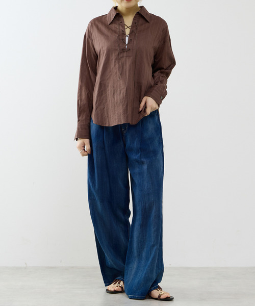 SOFFITTO（ソフィット）の「オーガニックコットンレースアップストライプブラウス（シャツ/ブラウス・レディース・ホワイト/ブラウン・FREE）」の18枚目の写真