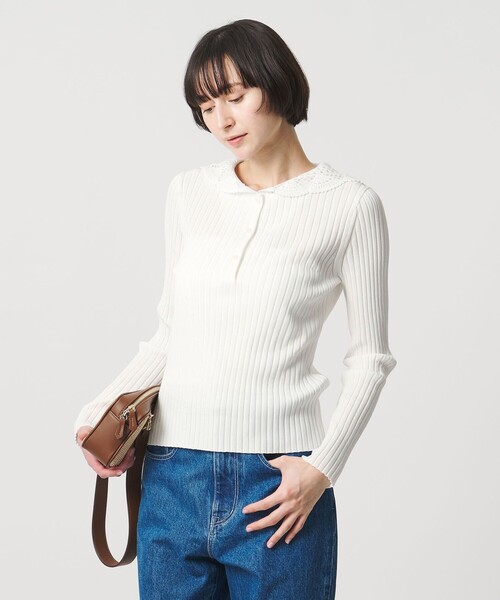 UNITED ARROWS（ユナイテッドアローズ）の「セーラー エンブロイダリー リブニット ‐ウォッシャブル‐（ニット/セーター・レディース・オフホワイト/ネイビー・FREE）」の2枚目の写真