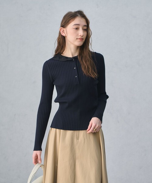 UNITED ARROWS（ユナイテッドアローズ）の「セーラー エンブロイダリー リブニット ‐ウォッシャブル‐（ニット/セーター・レディース・オフホワイト/ネイビー・FREE）」の4枚目の写真