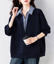 ストライプ柄シャツレイヤード風ジップ付きプルオーバー