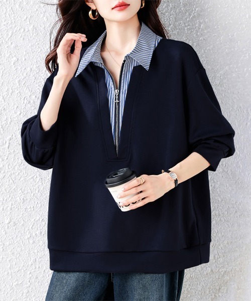 ONEP STAR(ワンピスター)の「ストライプ柄シャツレイヤード風ジップ付きプルオーバー(シャツ/ブラウス・レディース・ネイビー・X-LARGE/LARGE)」の1枚目の写真
