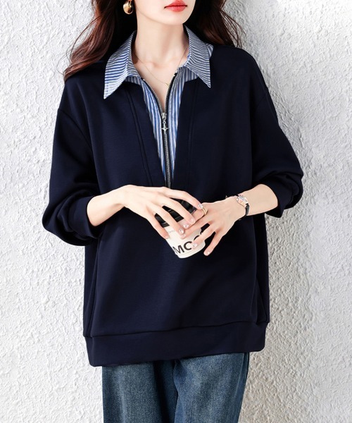 ONEP STAR(ワンピスター)の「ストライプ柄シャツレイヤード風ジップ付きプルオーバー(シャツ/ブラウス・レディース・ネイビー・X-LARGE/LARGE)」の2枚目の写真