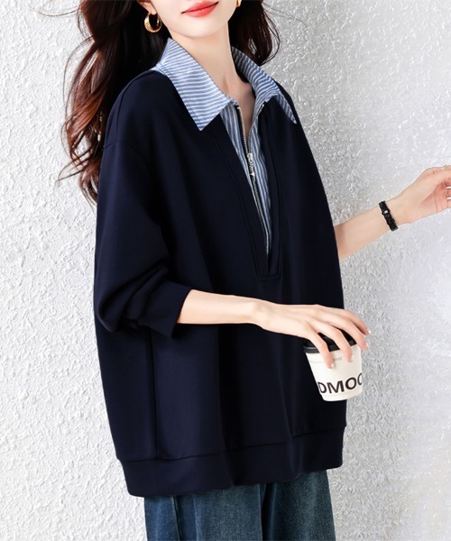 ONEP STAR(ワンピスター)の「ストライプ柄シャツレイヤード風ジップ付きプルオーバー(シャツ/ブラウス・レディース・ネイビー・X-LARGE/LARGE)」の3枚目の写真