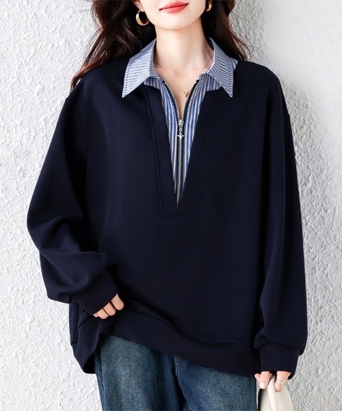 ONEP STAR(ワンピスター)の「ストライプ柄シャツレイヤード風ジップ付きプルオーバー(シャツ/ブラウス・レディース・ネイビー・X-LARGE/LARGE)」の4枚目の写真