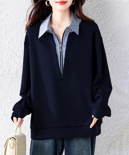 ONEP STAR(ワンピスター)の「ストライプ柄シャツレイヤード風ジップ付きプルオーバー(シャツ/ブラウス・レディース・ネイビー・X-LARGE/LARGE)」の5枚目の写真