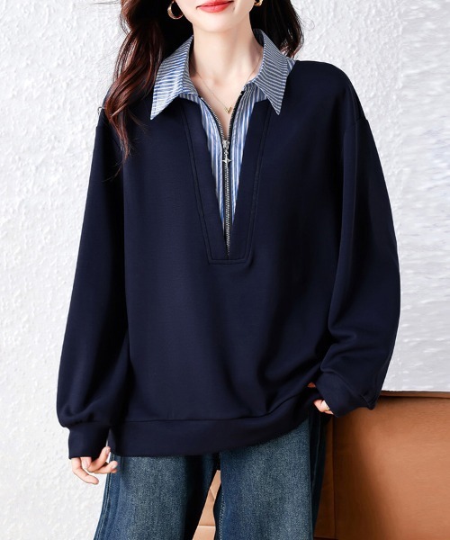 ONEP STAR(ワンピスター)の「ストライプ柄シャツレイヤード風ジップ付きプルオーバー(シャツ/ブラウス・レディース・ネイビー・X-LARGE/LARGE)」の6枚目の写真