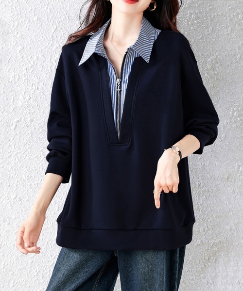 ONEP STAR(ワンピスター)の「ストライプ柄シャツレイヤード風ジップ付きプルオーバー(シャツ/ブラウス・レディース・ネイビー・X-LARGE/LARGE)」の7枚目の写真