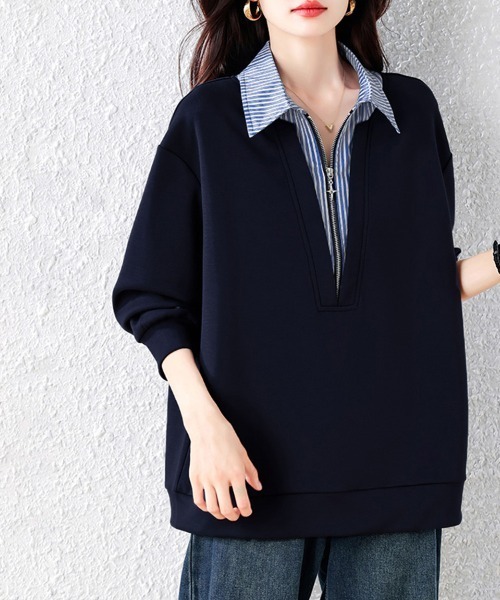 ONEP STAR(ワンピスター)の「ストライプ柄シャツレイヤード風ジップ付きプルオーバー(シャツ/ブラウス・レディース・ネイビー・X-LARGE/LARGE)」の8枚目の写真